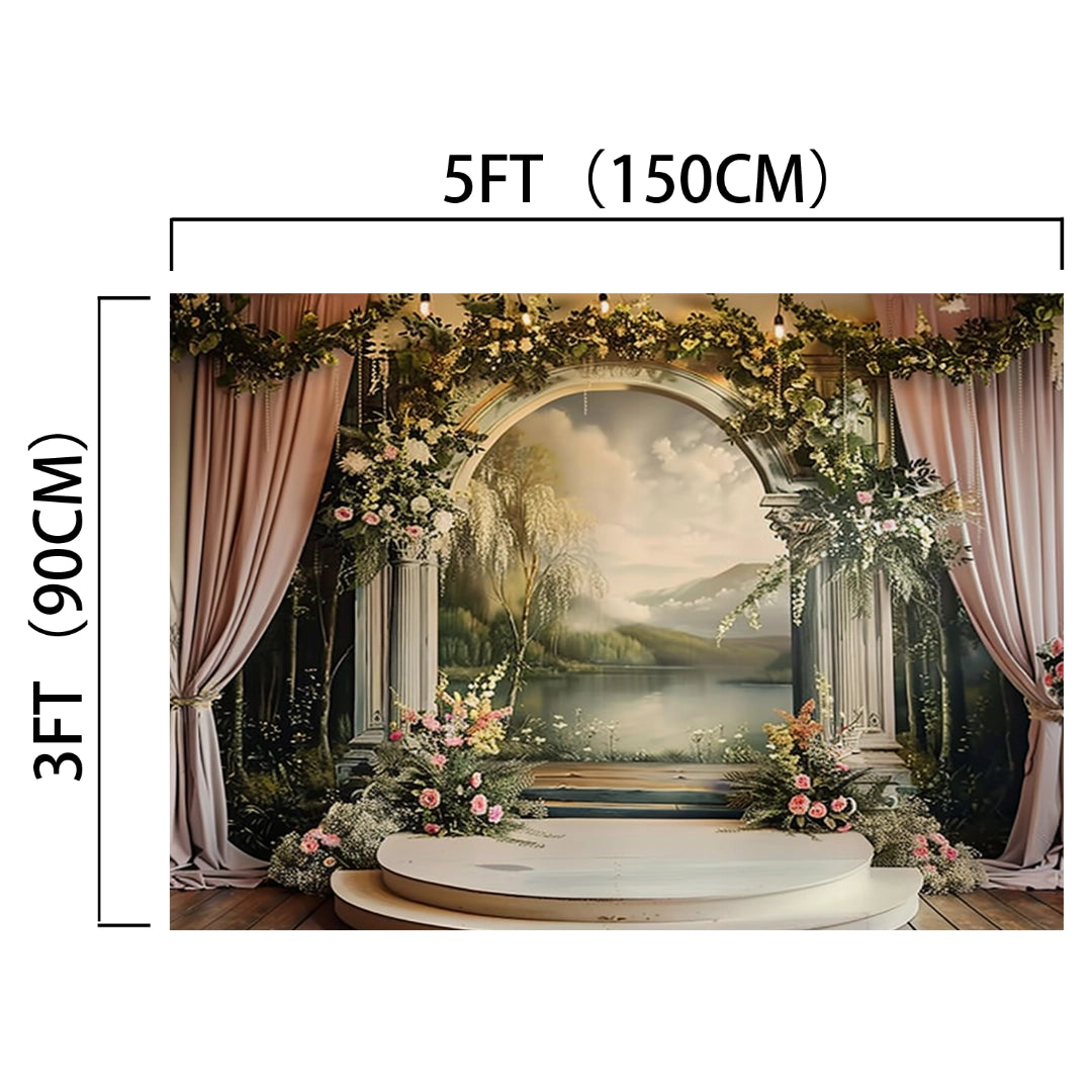 A decorative backdrop measuring 5 feet by 3 feet, featuring a picturesque archway with flowers, greenery, and draped curtains—perfect for weddings or photo sessions. The Bridal Shower Photography Floral Background -ideasbackdrop adds a touch of elegance to any event.