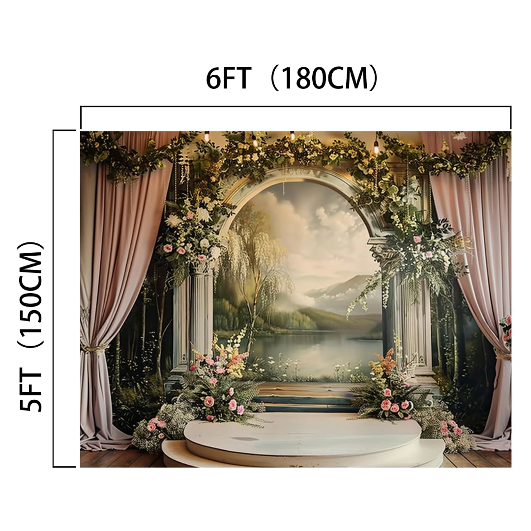 Elegant indoor stage backdrop featuring a painted archway with a scenic view, surrounded by flowers and greenery. Ideal for weddings or photo sessions, this Bridal Shower Photography Floral Background -ideasbackdrop has dimensions of 6 feet (180 cm) wide and 5 feet (150 cm) tall by ideasbackdrop.