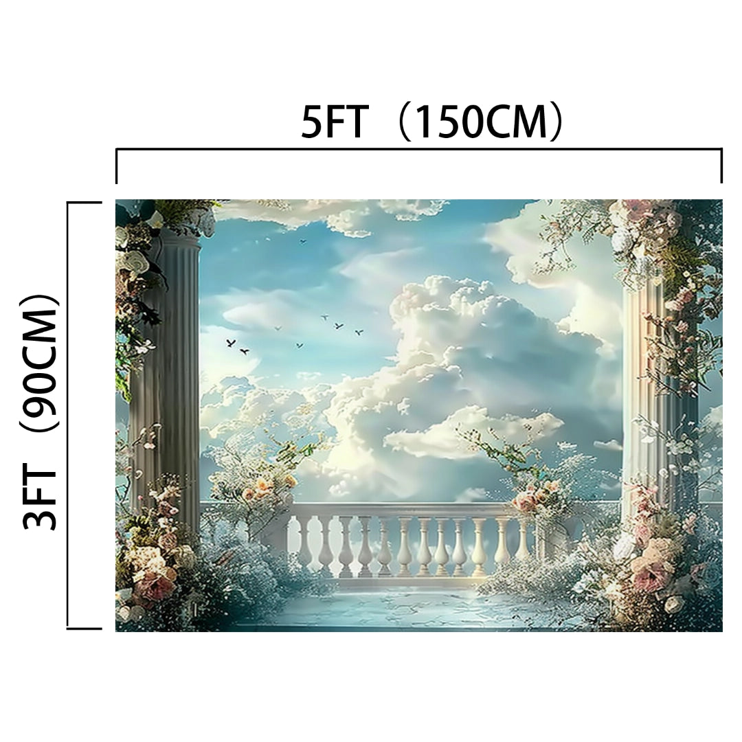 A 5-foot by 3-foot scenic backdrop featuring a balcony with pillars, vibrant flowers, and a cloudy sky with birds creates a captivating setting. The lifelike floral panorama in this Bridal Shower Wedding Sky Floral Backdrop -ideasbackdrop brings your scenes to life.