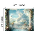 Scenic backdrop measuring 6 feet by 5 feet, featuring a captivating setting with a cloudy sky, a balustrade, and an ideasbackdrop Bridal Shower Wedding Sky Floral Backdrop with lifelike floral decorations.