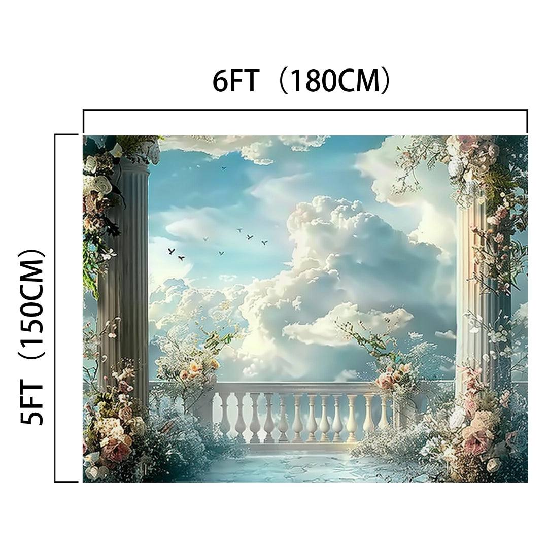 Scenic backdrop measuring 6 feet by 5 feet, featuring a captivating setting with a cloudy sky, a balustrade, and an ideasbackdrop Bridal Shower Wedding Sky Floral Backdrop with lifelike floral decorations.