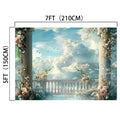 Backdrop featuring a captivating 7ft by 5ft (210cm by 150cm) image of a dreamy sky with clouds, birds, lifelike floral panorama, and classical columns. The Bridal Shower Wedding Sky Floral Backdrop -ideasbackdrop from ideasbackdrop.