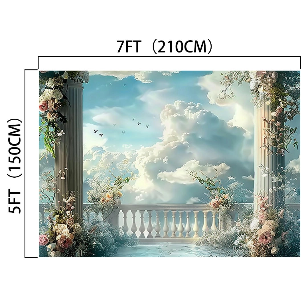 Backdrop featuring a captivating 7ft by 5ft (210cm by 150cm) image of a dreamy sky with clouds, birds, lifelike floral panorama, and classical columns. The Bridal Shower Wedding Sky Floral Backdrop -ideasbackdrop from ideasbackdrop.