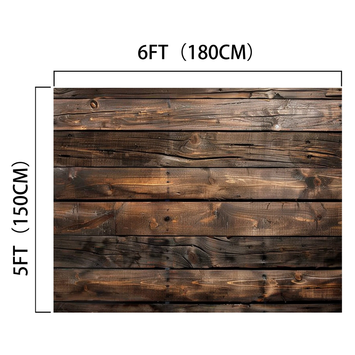 A 6-foot by 5-foot wood wall backdrop with a brown wooden plank design, dimensions clearly marked as 180 cm by 150 cm. Ideal for photography props, it features notable wrinkle resistance. Product Name: Brown Wood Backdrop Photographers for Birthday Baby Shower Background Photo Booth Video Shoot Studio Prop by Brand Name: ideasbackdrop.