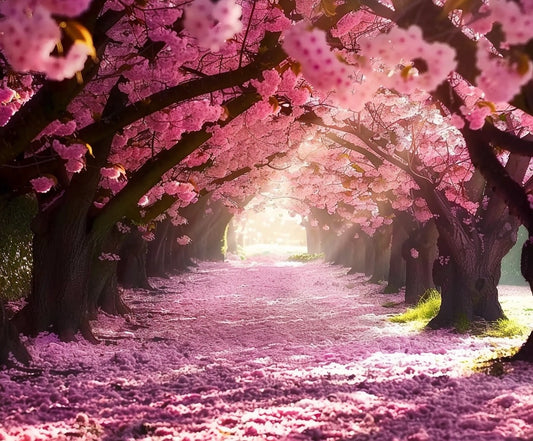 Cherry blossom trees with pink flowers form an Instagram-worthy arch over a path covered in fallen petals, creating a Cherry Blossom Boulevard Floral Backdrop by ideasbackdrop as sunlight filters through the branches. This enchanting scene sets a perfect tone for any special day.