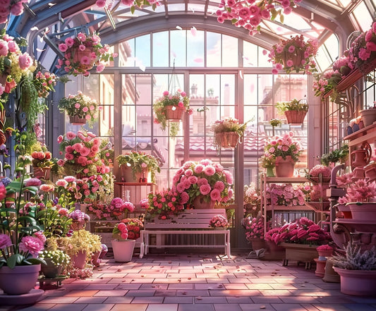 A bright, sunlit greenhouse filled with various pink flowers in pots and hanging baskets creates an ideasbackdrop Cherry Blossom Sunshine Flower Backdrop -ideasbackdrop perfect for elegant photo opportunities.