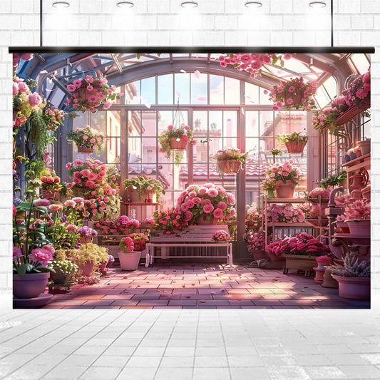 A sunlit greenhouse with various colorful flowers and potted plants arranged neatly on shelves and benches. The glass structure allows ample light in, creating a realistic floral scene that highlights the vibrant blooms. This picturesque setting is made even more stunning with the addition of the Cherry Blossom Sunshine Flower Backdrop - ideasbackdrop from ideasbackdrop.