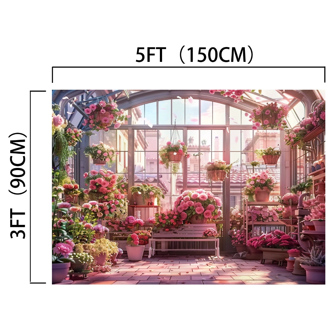 A sunlit greenhouse with a variety of pink and red high-definition flowers in pots. The dimensions are marked as 5 feet (150 cm) wide and 3 feet (90 cm) tall, creating a Cherry Blossom Sunshine Flower Backdrop -ideasbackdrop that adds a perfect floral touch by ideasbackdrop.