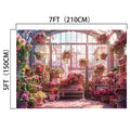 A greenhouse filled with various blooming flowers in pots and hanging baskets, bathed in sunlight. The dimensions are 7 feet (210 cm) wide and 5 feet (150 cm) tall, creating a Cherry Blossom Sunshine Flower Backdrop -ideasbackdrop that adds a stunning floral touch to any setting.