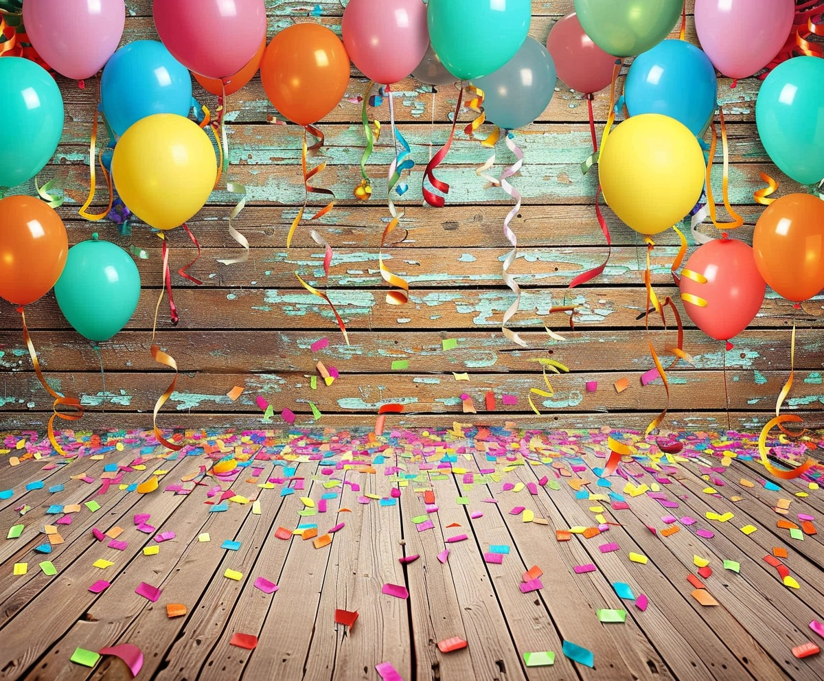Colorful balloons and streamers hang from a Colorful Carnival Balloons Wood Backdrop-ideasbackdrop. Confetti covers the floor, creating a festive atmosphere enhanced by the realistic wood grain pattern.