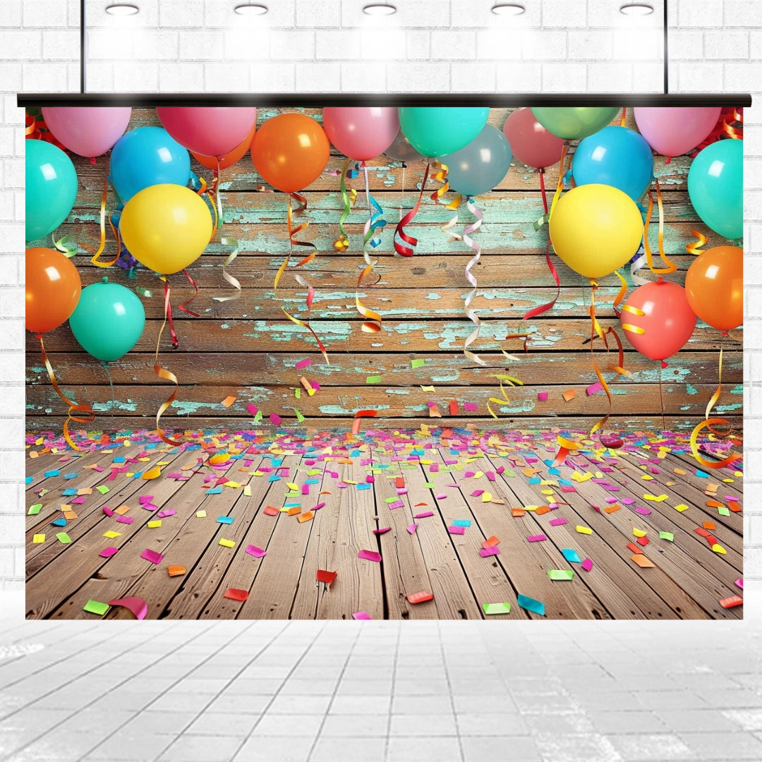 A wooden floor and Colorful Carnival Balloons Wood Backdrop-ideasbackdrop with realistic wood grain patterns, adorned with colorful balloons, streamers, and confetti scattered around, create a festive atmosphere perfect for photography decor by ideasbackdrop.