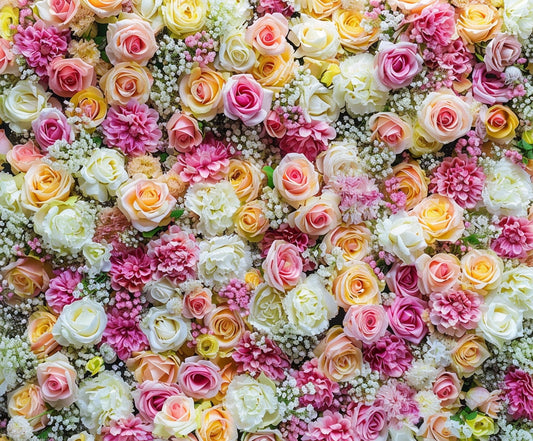 A dense arrangement of variously colored roses and other flowers, including pink, yellow, and white hues, forming a vibrant Mothers Day Colorful Flowers Spring Floral Backdrop -ideasbackdrop perfect for weddings or photo shoots by ideasbackdrop.