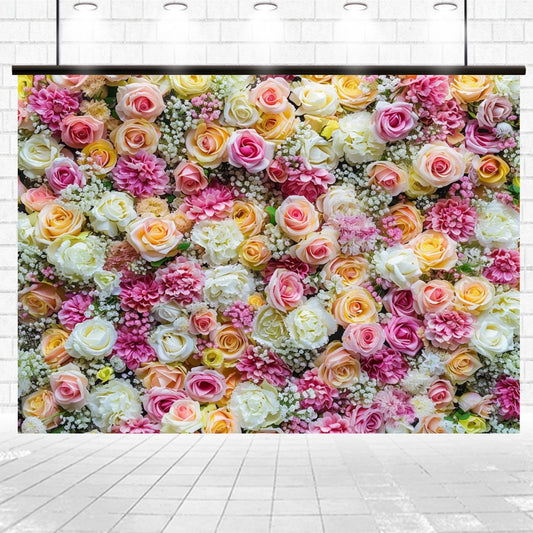 A Mothers Day Colorful Flowers Spring Floral Backdrop -ideasbackdrop with an assortment of pink, yellow, and white flowers arranged closely together against a tiled floor background, perfect for photo shoots and weddings.