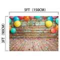 A festive Colorful Carnival Balloons Wood Backdrop-ideasbackdrop by ideasbackdrop measuring 5 feet by 3 feet (150 cm by 90 cm) with colorful balloons, streamers, and confetti on a wooden floor and wall. Ideal for product shoots, it features a realistic wood grain that adds depth and texture to your photos.