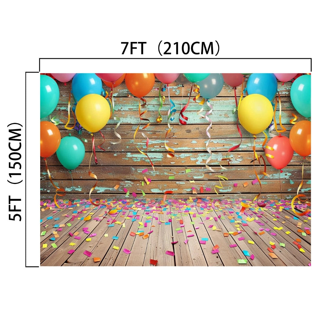 A colorful party backdrop measuring 7 feet by 5 feet, featuring an HD wood backdrop with realistic wood grain, adorned with balloons, confetti, and streamers. Perfect for product shoots or any celebration! Introducing the **Colorful Carnival Balloons Wood Backdrop-ideasbackdrop** by **ideasbackdrop**.