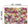 A 5ft x 3ft (150cm x 90cm) floral arrangement featuring various pink, yellow, and white flowers densely packed together, perfect for weddings or as an HD floral backdrop for photo shoots, such as the Mothers Day Colorful Flowers Spring Floral Backdrop - ideasbackdrop by ideasbackdrop.