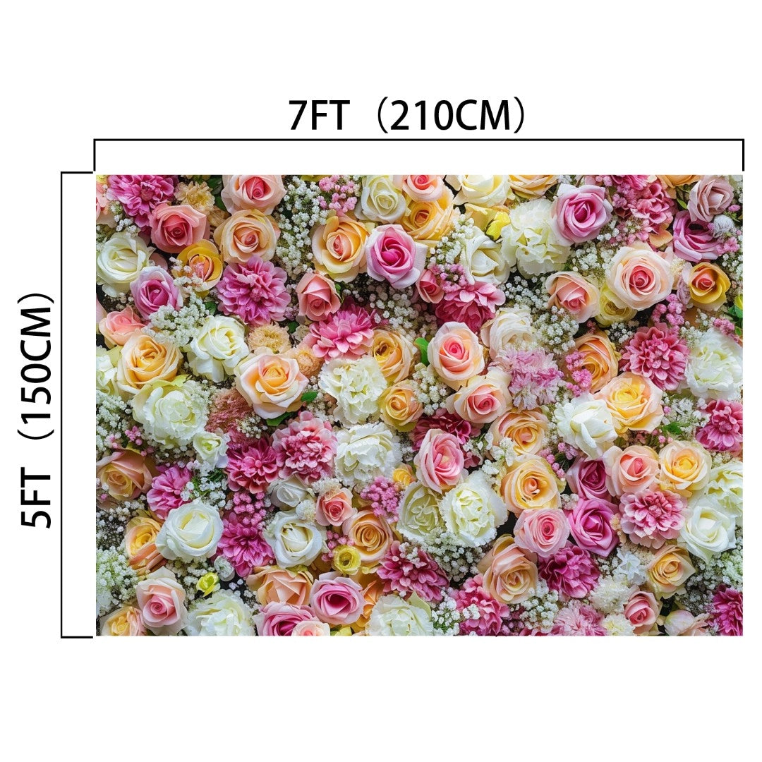 A stunning HD floral backdrop measuring 7 feet (210 cm) by 5 feet (150 cm) showcases various flowers in shades of pink, white, and yellow. Perfect for weddings or photo shoots. This is the Mothers Day Colorful Flowers Spring Floral Backdrop -ideasbackdrop by ideasbackdrop.