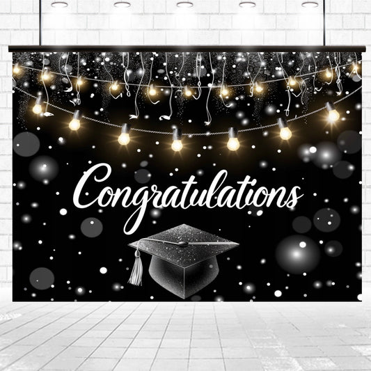 A **Congrats Grad Photography Graduation Backdrop-ideasbackdrop** from **ideasbackdrop** featuring string lights and a graduation cap on a black and white sparkling background makes an ideal accessory for photography during celebratory moments or as part of festive graduation backdrops.