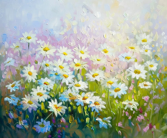 A vibrant painting of a field of white and yellow flowers with green stems and leaves, set against a soft, pastel-colored background—perfect for weddings or photo sessions as the Daisy Ink Painting Flower Photography Backdrop-ideasbackdrop by ideasbackdrop.