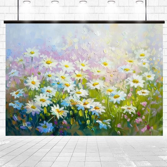 A vibrant **Daisy Ink Painting Flower Photography Backdrop-ideasbackdrop** with a field of white daisies with yellow centers and scattered colorful flowers, set against a soft, pastel background and displayed on a wall with soft spotlights, making it an ideal HD flower backdrop for photo sessions or weddings by **ideasbackdrop**.