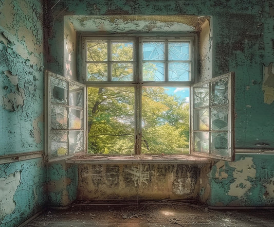 An open window in a dilapidated room with peeling paint reveals a stunning Dilapidated Wall Retro Window Backdrop-ideasbackdrop of lush green trees outside, perfect for photo sessions capturing the charm of natural lighting from ideasbackdrop.