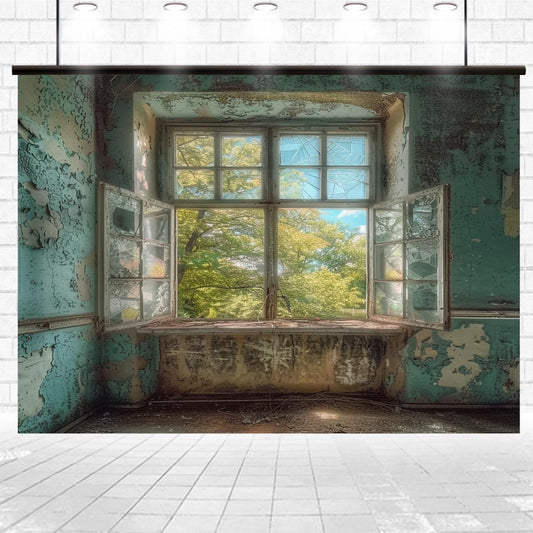 A dilapidated room with peeling blue paint features an open window revealing a view of lush greenery and a sunny sky outside, perfect for photographers seeking an ultra-realistic HD Dilapidated Wall Retro Window Backdrop-ideasbackdrop by ideasbackdrop.