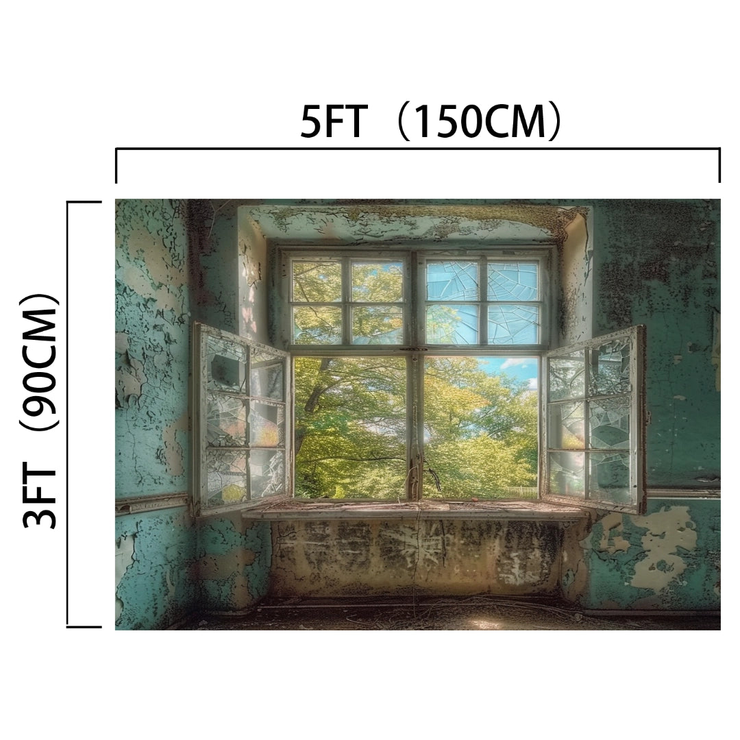 A dilapidated window with broken glass panes opens to a view of green trees, perfect for photographers seeking a rustic charm. The dimensions of the window are 5 feet (150 cm) wide and 3 feet (90 cm) tall, making it an ideal Dilapidated Wall Retro Window Backdrop-ideasbackdrop by ideasbackdrop for unique photo sessions.