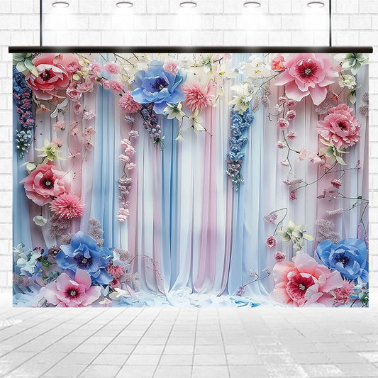 A decorative backdrop with high-definition flowers and draped fabric in shades of pink, blue, and white, set against a tiled floor and spotlight-lit wall, featuring the Elegant Floral Photography Backdrop by ideasbackdrop.