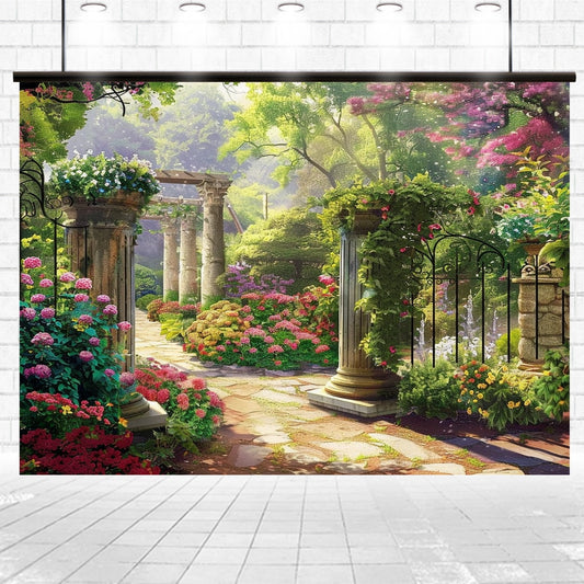 A picturesque garden path with blooming flowers, columns, and wrought iron gates, all under a canopy of sunlight. The setting is framed by lush greenery and vibrant, colorful blossoms, creating the ideal floral backdrop for events or photo shoots with the Elegant Garden Stone Colorful Flowers Backdrop-ideasbackdrop from ideasbackdrop.