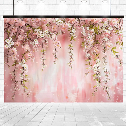 A floral masterpiece, this Elegant Rose Wedding Bridal Flower Backdrop - ideasbackdrop features hanging pink and white cherry blossoms against a pink background, set in a well-lit, white-tiled room. Perfect for weddings or any elegant event.