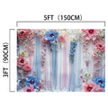 An Elegant Floral Photography Backdrop -ideasbackdrop by ideasbackdrop, measuring 5ft by 3ft (150cm by 90cm), adorned with blue and pink artificial flowers and cascading ribbons, perfect for creating a floral fairytale setting at events or photo shoots.