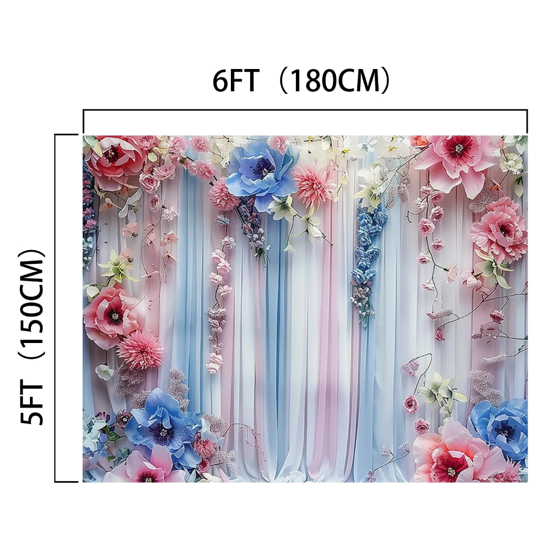 A 6-foot by 5-foot decorative backdrop featuring a blooming garden of colorful flowers and draped fabric in shades of blue, pink, and white, creating a floral fairytale ambiance is the Elegant Floral Photography Backdrop by ideasbackdrop.