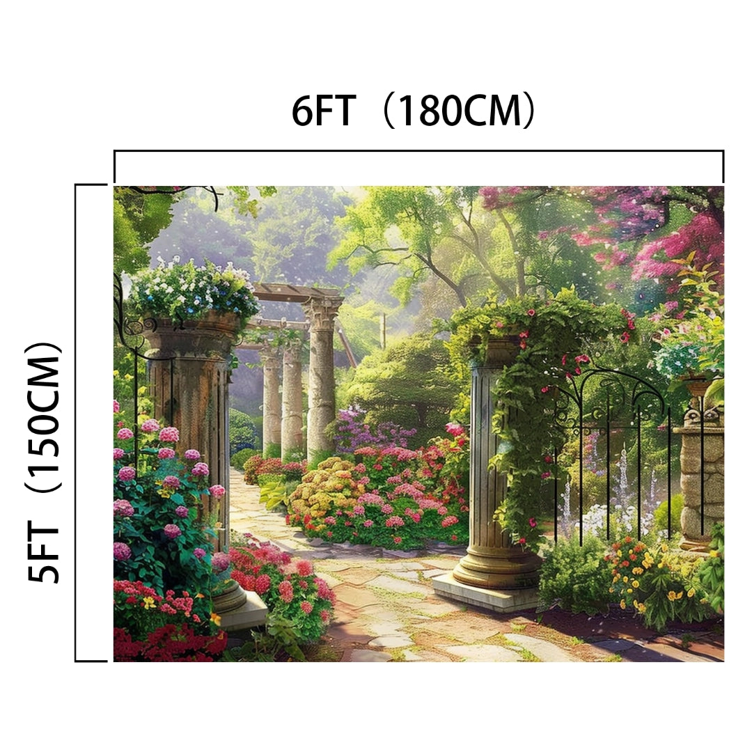 A vibrant garden with blooming flowers, stone pathways, and ivy-covered pillars under a sunny sky provides an ideal floral backdrop for HD photo shoots with the Elegant Garden Stone Colorful Flowers Backdrop-ideasbackdrop from ideasbackdrop.