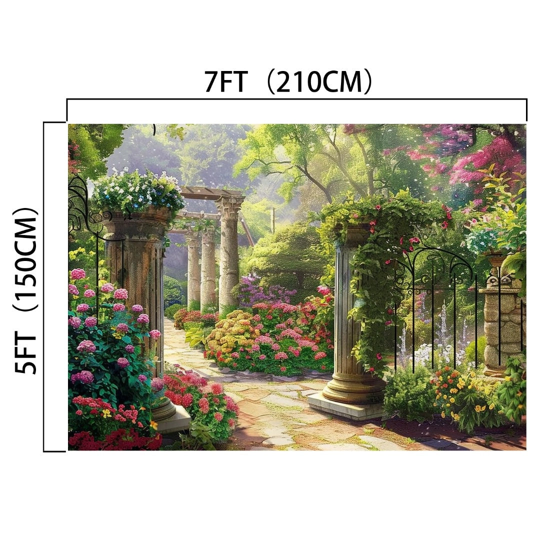 A vibrant garden with blooming flowers, stone pathways, and ivy-covered pillars under a sunny sky provides an ideal floral backdrop for HD photo shoots with the Elegant Garden Stone Colorful Flowers Backdrop-ideasbackdrop from ideasbackdrop.