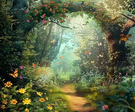 A sunlit forest path is surrounded by lush greenery and colorful flowers, with butterflies fluttering around. An arch of blooming flowers frames part of the pathway, creating an ethereal floral realm that feels almost otherworldly. The Enchanted Forest Photography Flower Backdrop by ideasbackdrop would perfectly capture this mesmerizing scene.