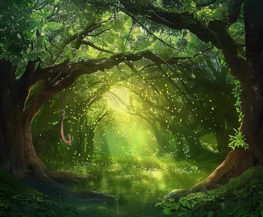A sunlit Enchanted Wonderland Jungle Forest Backdrop-ideasbackdrop from ideasbackdrop casts dappled light on the grassy floor, surrounded by large trees, creating stunning forest scenery.