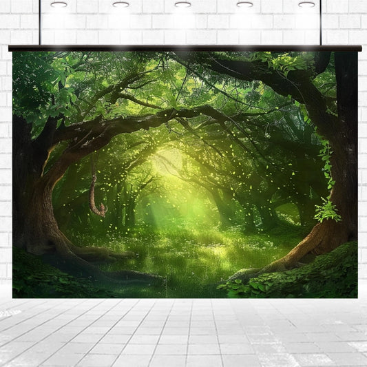 A photograph depicts an Enchanted Wonderland Jungle Forest Backdrop-ideasbackdrop from ideasbackdrop, with sunlight filtering through the trees, illuminating a tranquil scene with abundant foliage and a stick swing hanging from a tree branch.