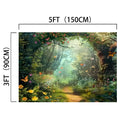 A 5ft by 3ft Enchanted Forest Photography Flower Backdrop -ideasbackdrop featuring a magical forest scene with abundant flowers, butterflies, and soft sunlight filtering through dense foliage; perfect for enchanting photo sessions.