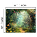 A garden backdrop measuring 6 feet by 5 feet features a path through lush greenery, with colorful flowers and butterflies in a sunlit forest setting, perfect for enchanting photo sessions. The Enchanted Forest Photography Flower Backdrop -ideasbackdrop ensures every detail pops with realistic floral imagery.