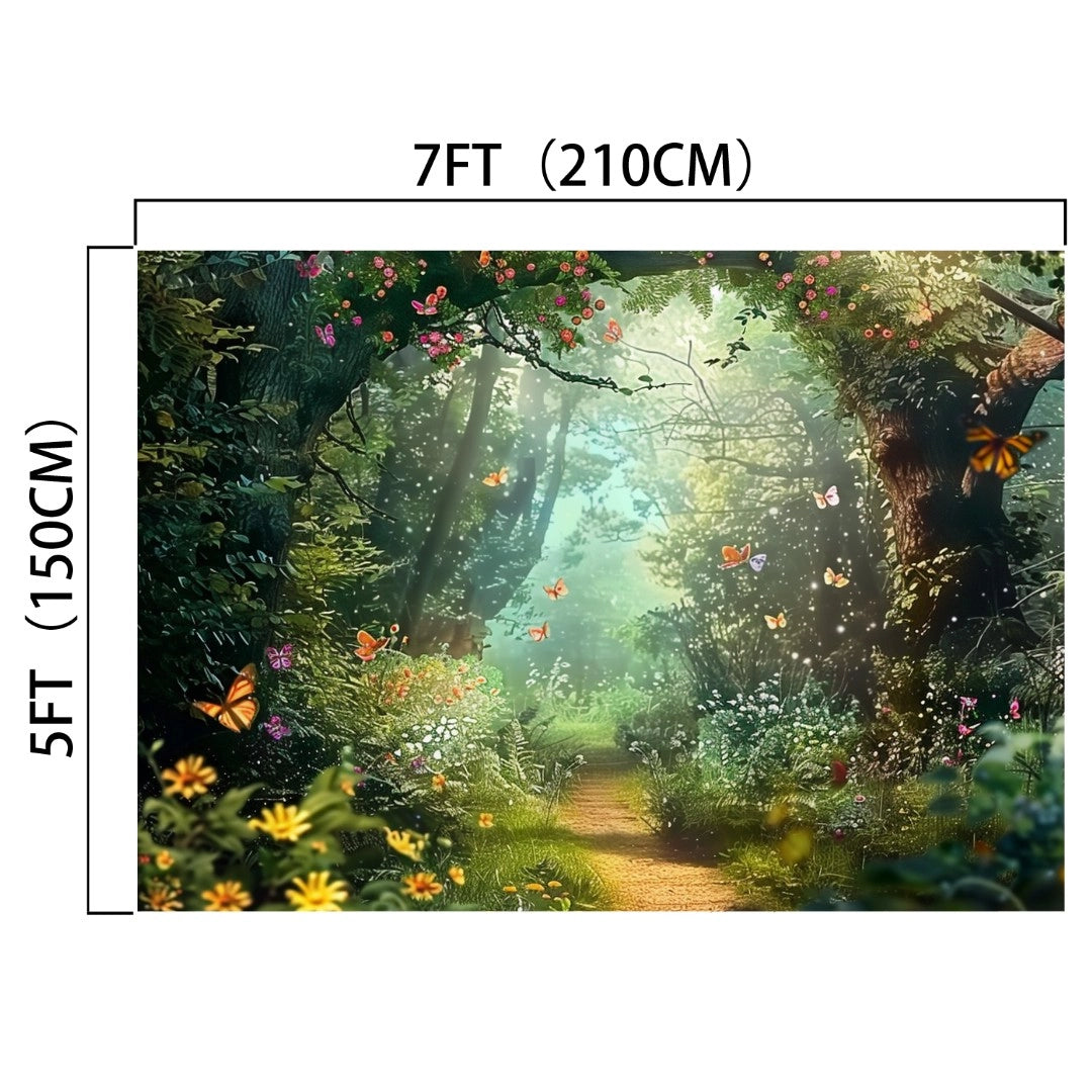Image of a colorful, lush forest scene featuring blooming flowers, butterflies, and a sunlit path. Perfect for enchanting photo sessions, this Enchanted Forest Photography Flower Backdrop -ideasbackdrop by ideasbackdrop measures 7 feet (210 cm) by 5 feet (150 cm).