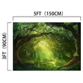 Backdrop featuring stunning forest scenery with vibrant colors, sunlight filtering through lush green leaves. Dimensions noted as 5 feet by 3 feet. Product Name: Enchanted Wonderland Jungle Forest Backdrop-ideasbackdrop Brand Name: ideasbackdrop