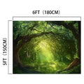 A green, sunlit forest scene with overhanging tree branches and lush vegetation. This high-definition Enchanted Wonderland Jungle Forest Backdrop-ideasbackdrop by ideasbackdrop measures 6 feet (180 cm) in width and 5 feet (150 cm) in height, capturing the stunning forest scenery with vibrant colors.