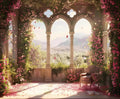 An arched balcony adorned with pink flowers overlooks a scenic valley and distant mountains. Sunlight filters through the arches, lighting up the petals on the floor beside a cushioned chair, creating a natural elegance with its European Style Window Flower Backdrop -ideasbackdrop from ideasbackdrop.