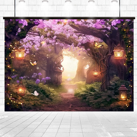 A pathway through an enchanted forest adorned with the Fairy Enchanted Fairytale Flower Backdrop by ideasbackdrop, featuring HD vivid floral backdrops of purple flowers, lanterns, and glowing butterflies, leading to a bright light in the distance.