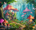 A whimsical forest scene with mushroom houses, a cobblestone path, butterflies, and colorful fungi amidst lush greenery and tall trees, all set against an HD vivid floral landscape. Perfect for memorable occasions with the Fairy Garden Woodland Mushroom Flower Backdrop by ideasbackdrop.