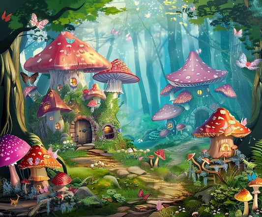A whimsical forest scene with mushroom houses, a cobblestone path, butterflies, and colorful fungi amidst lush greenery and tall trees, all set against an HD vivid floral landscape. Perfect for memorable occasions with the Fairy Garden Woodland Mushroom Flower Backdrop by ideasbackdrop.