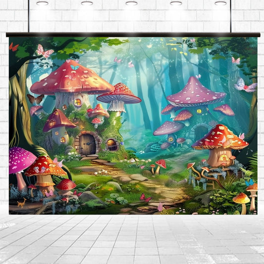 Colorful illustration of a whimsical forest scene featuring mushroom houses, butterflies, and lush greenery on a Fairy Garden Woodland Mushroom Flower Backdrop -ideasbackdrop, perfect for wedding photo shoots.