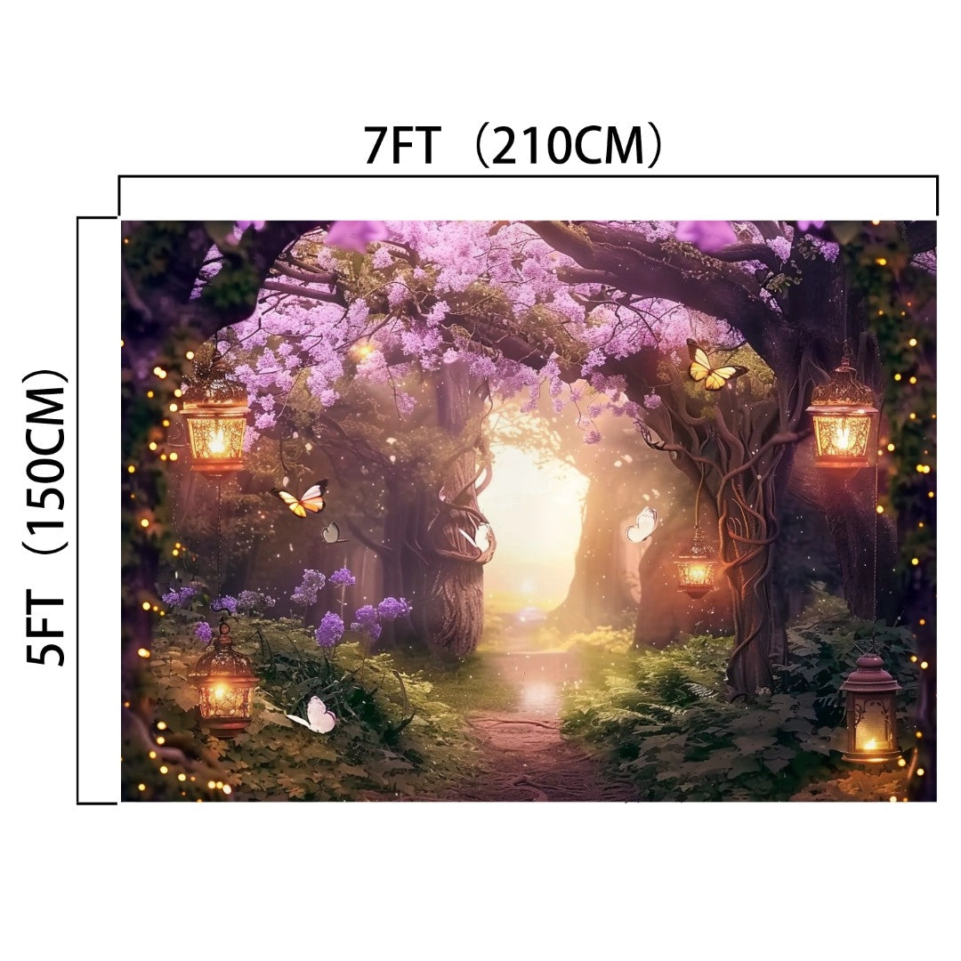 A 5ft by 7ft backdrop featuring a whimsical forest scene with hanging lanterns, butterflies, and blooming purple flowers, all illuminated with soft, warm lighting. This Fairy Enchanted Fairytale Flower Backdrop - ideasbackdrop showcases high-definition flowers for an enchanting and vibrant garden feel.