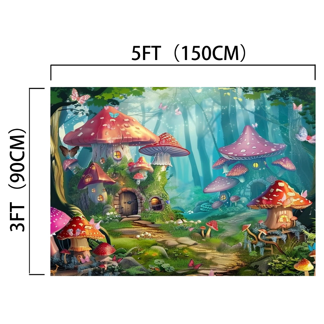 Illustration of a magical forest with large, colorful mushrooms shaped like houses and scattered butterflies, perfect for memorable occasions. Dimensions: 5 feet (150 cm) in width and 3 feet (90 cm) in height, this Fairy Garden Woodland Mushroom Flower Backdrop -ideasbackdrop creates an enchanting floral landscape.