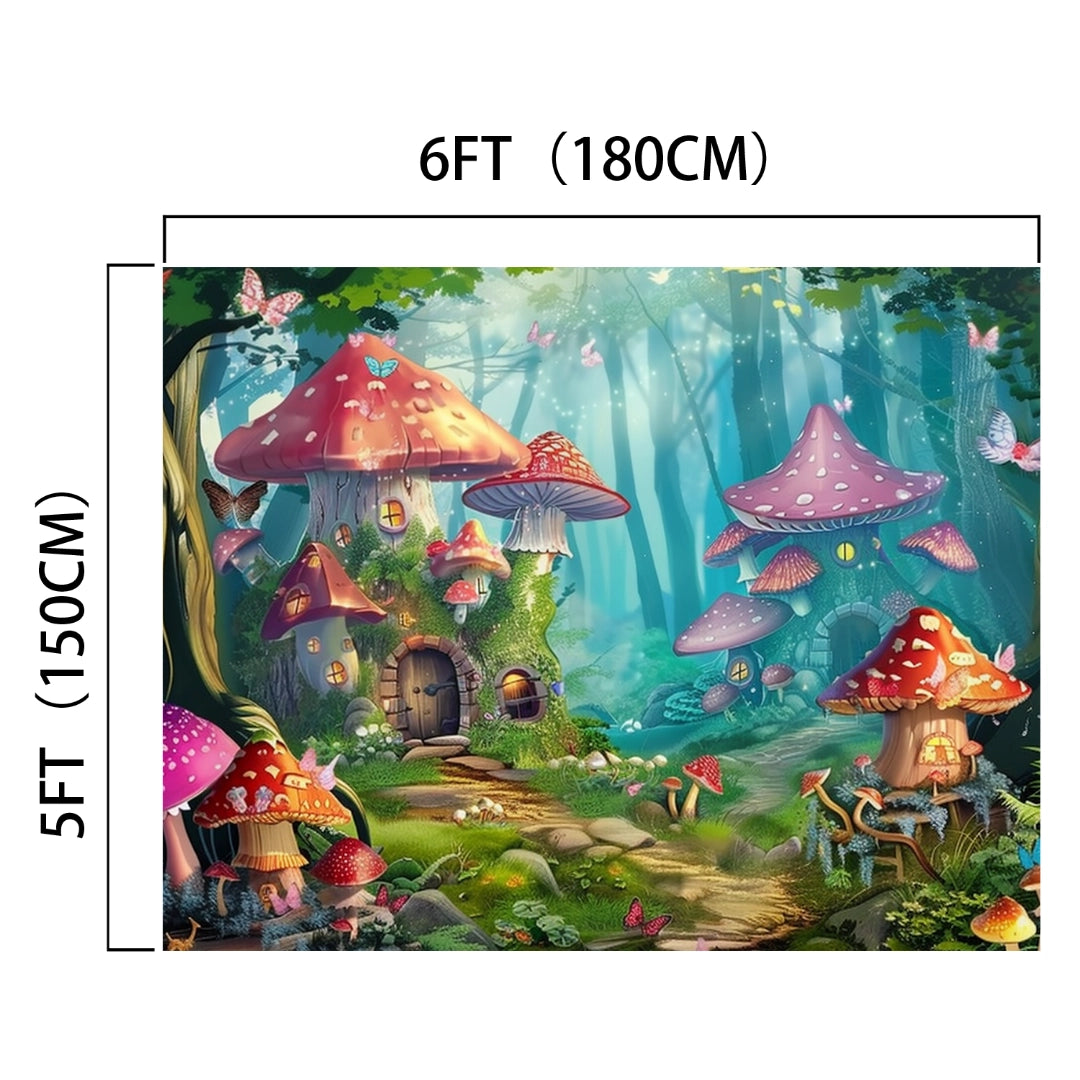 A fantasy forest scene with large, whimsical mushrooms resembling houses, surrounded by butterflies and greenery. Perfect for capturing memorable occasions, this Fairy Garden Woodland Mushroom Flower Backdrop -ideasbackdrop by ideasbackdrop measures 6 feet by 5 feet (180 cm by 150 cm).